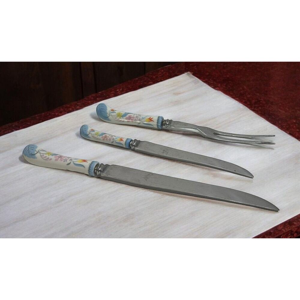 VTG 3 Pc Fork Knives Westall Richardson Sheffield England Floral Porcelain SS